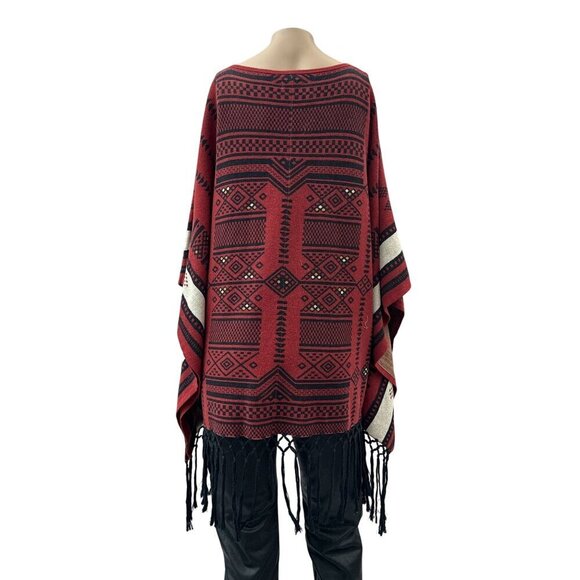 Tasha Polizzi Collection Aztec Southwestern Fringed Hem V-Neck Poncho Women OS - Picture 2 of 10